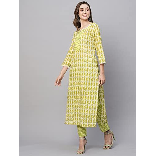 ANNI DESIGNER Women's Cotton Blend Staright Printed Kurta with Pant (Karika Green-NW_XXL_Green_XX-Large)