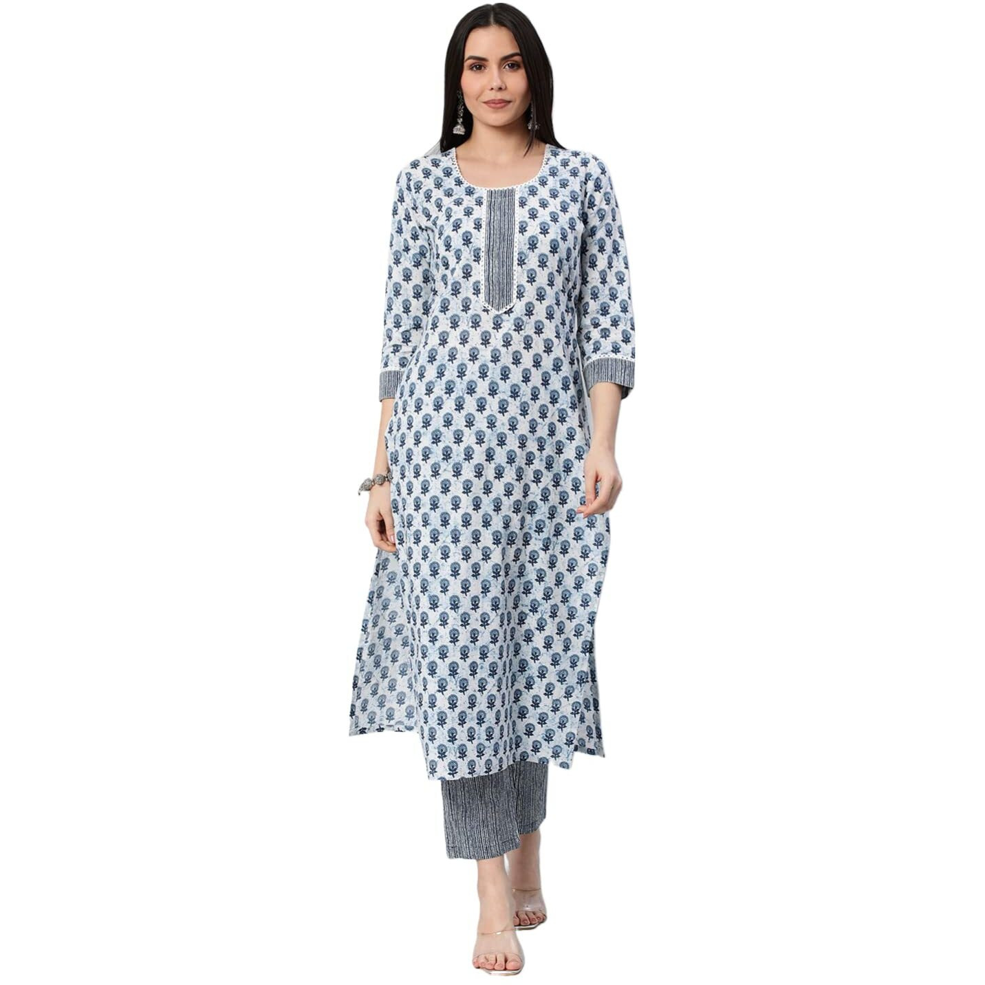 ANNI DESIGNER Women's Cotton Blend Straight Printed Kurta with Pant Set (Bitiya Blue_S_Blue_Small)