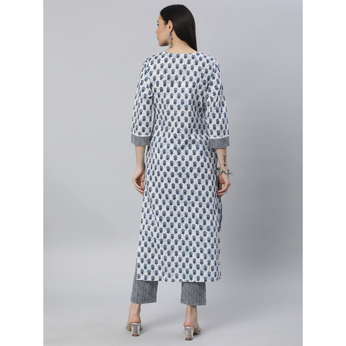 ANNI DESIGNER Women's Cotton Blend Straight Printed Kurta with Pant Set (Bitiya Blue_S_Blue_Small)
