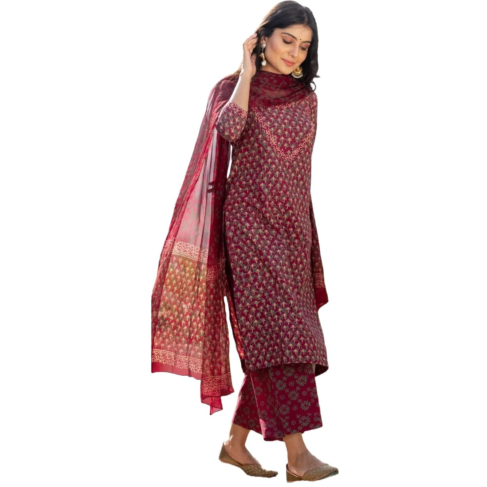 ANNI DESIGNER Women's Cotton Blend Straight Printed Kurta with Pant & Dupatta (BC Maroon_XXL_Maroon_XX-Large)