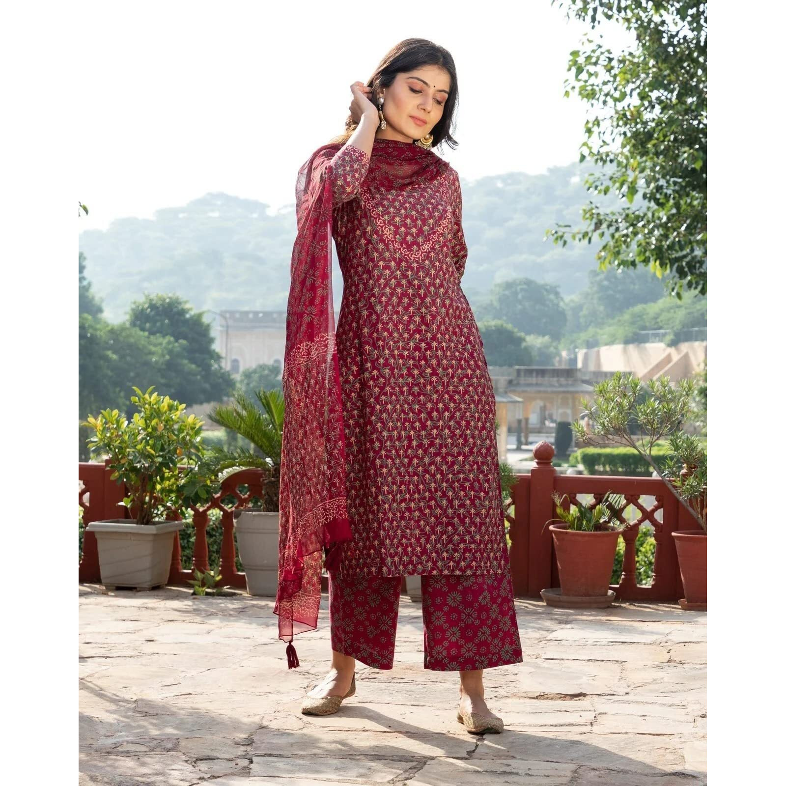 ANNI DESIGNER Women's Cotton Blend Straight Printed Kurta with Pant & Dupatta (BC Maroon_XXL_Maroon_XX-Large)