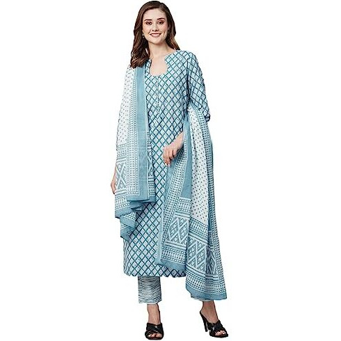 ANNI DESIGNER Women's Cotton Blend Straight Printed Kurta with Pant & Dupatta (Sadhna Blue_XL_Blue_X-Large)