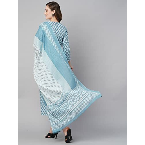 ANNI DESIGNER Women's Cotton Blend Straight Printed Kurta with Pant & Dupatta (Sadhna Blue_XL_Blue_X-Large)