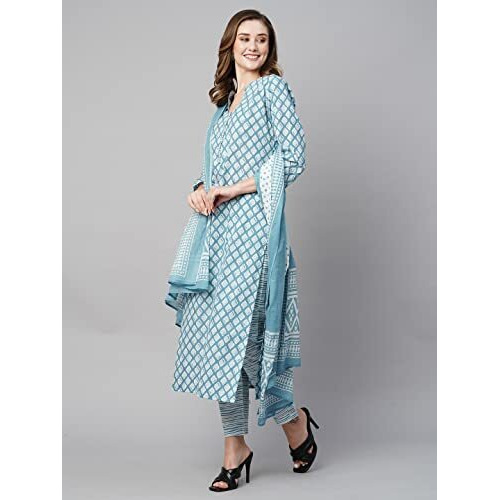 ANNI DESIGNER Women's Cotton Blend Straight Printed Kurta with Pant & Dupatta (Sadhna Blue_XL_Blue_X-Large)