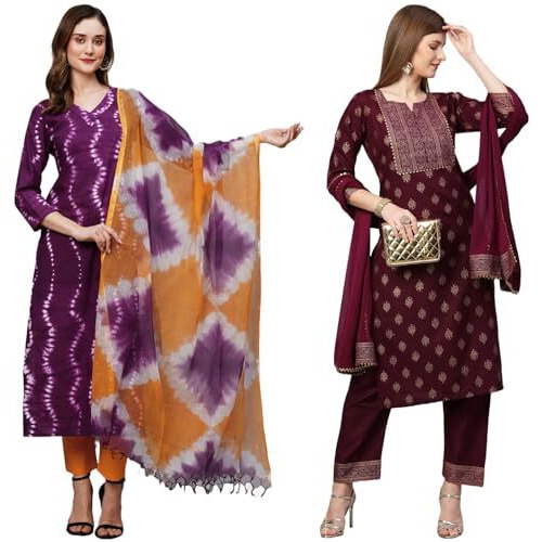 ANNI DESIGNER Women's Cotton Blend Printed Straight Kurta with Pant & Dupatta Pack of 2 (Combo-Mukhi Pink-Coco-Wine_S_Multi_Small)