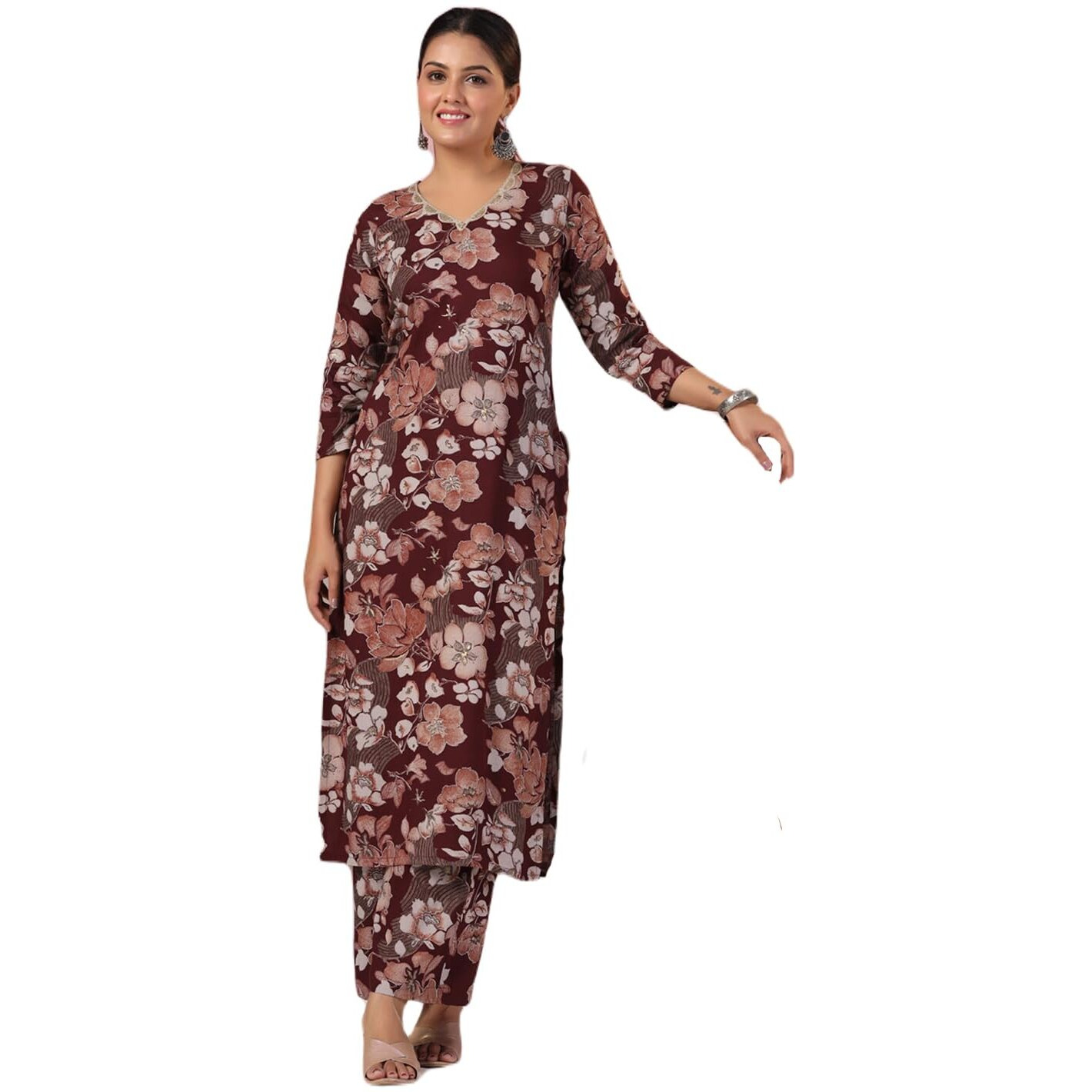 ANNI DESIGNER Women's Rayon Blend Straight Printed Kurta with Pant (Waqt Wine_M_Wine_Medium)