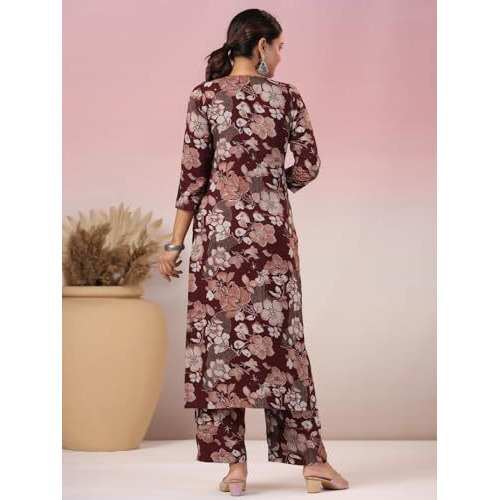 ANNI DESIGNER Women's Rayon Blend Straight Printed Kurta with Pant (Waqt Wine_M_Wine_Medium)