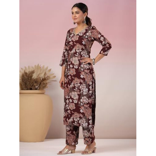 ANNI DESIGNER Women's Rayon Blend Straight Printed Kurta with Pant (Waqt Wine_M_Wine_Medium)