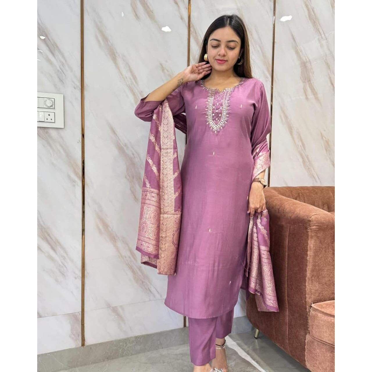 ANNI DESIGNER Women's Rayon Blend Embroidered Straight Kurta with Pant & Dupatta (Nagari Purple_M_Purple_Medium)