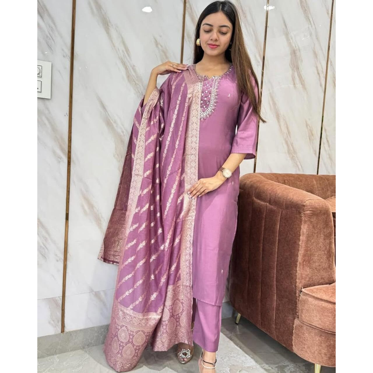 ANNI DESIGNER Women's Rayon Blend Embroidered Straight Kurta with Pant & Dupatta (Nagari Purple_M_Purple_Medium)