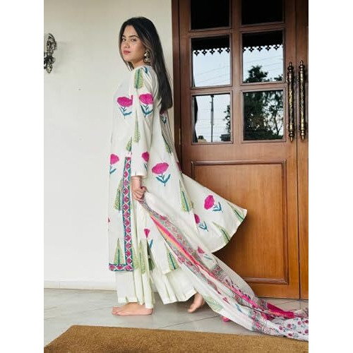 ANNI DESIGNER Women's Rayon Blend Straight Printed Kurta with Pant & Dupatta (ZIGGI White_XXL_White_XX-Large)
