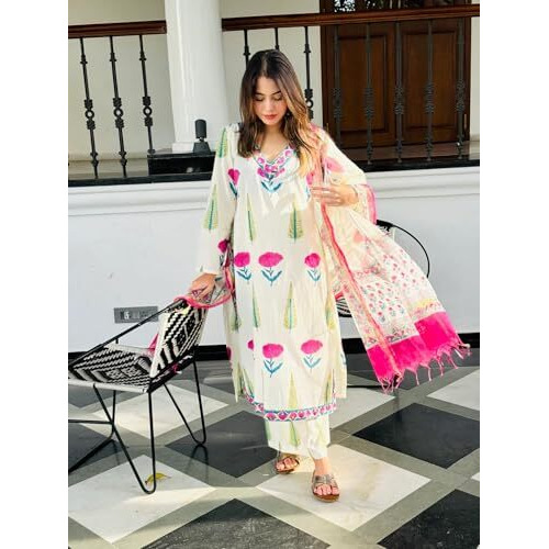 ANNI DESIGNER Women's Rayon Blend Straight Printed Kurta with Pant & Dupatta (ZIGGI White_XXL_White_XX-Large)