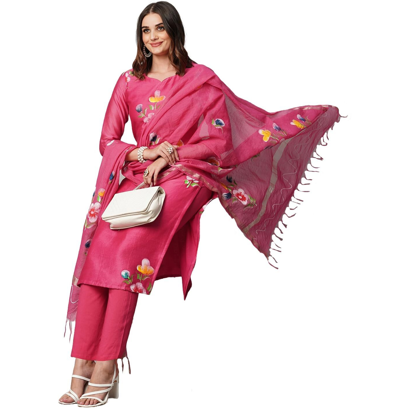 ANNI DESIGNER Women's Cotton Blend Straight Printed Kurta with Pant & Dupatta (Natkat Pink_XXL_Pink_XX-Large)