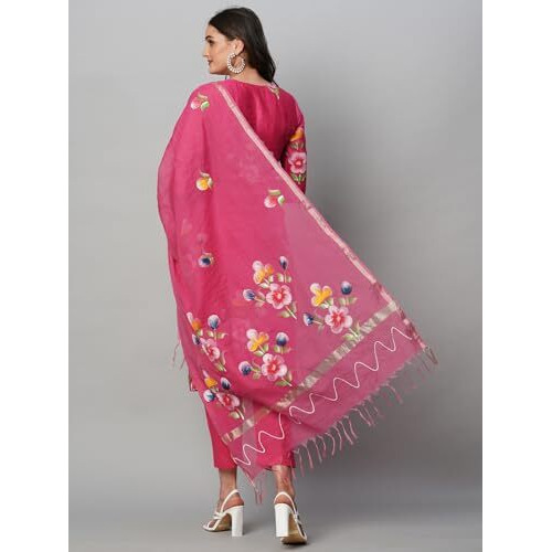 ANNI DESIGNER Women's Cotton Blend Straight Printed Kurta with Pant & Dupatta (Natkat Pink_XXL_Pink_XX-Large)