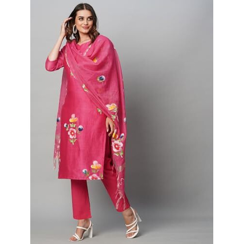 ANNI DESIGNER Women's Cotton Blend Straight Printed Kurta with Pant & Dupatta (Natkat Pink_XXL_Pink_XX-Large)
