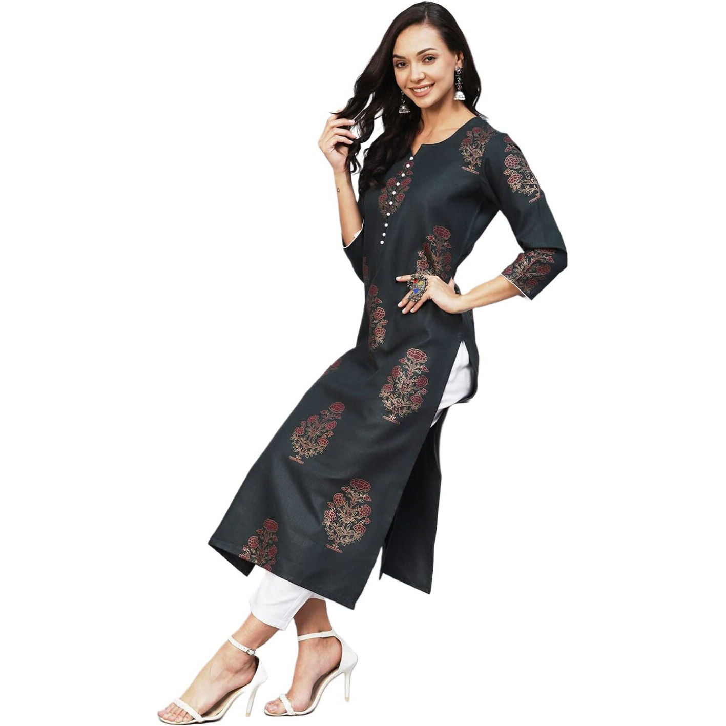 ANNI DESIGNER Women's Cotton Blend Straight Printed Kurta with Pant Set (Black009-Green_L_Blue_Large)