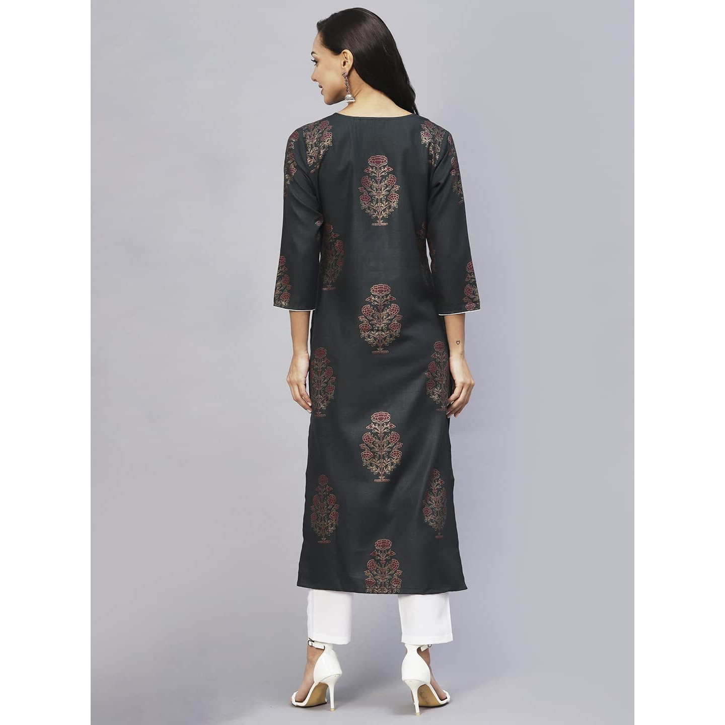 ANNI DESIGNER Women's Cotton Blend Straight Printed Kurta with Pant Set (Black009-Green_L_Blue_Large)