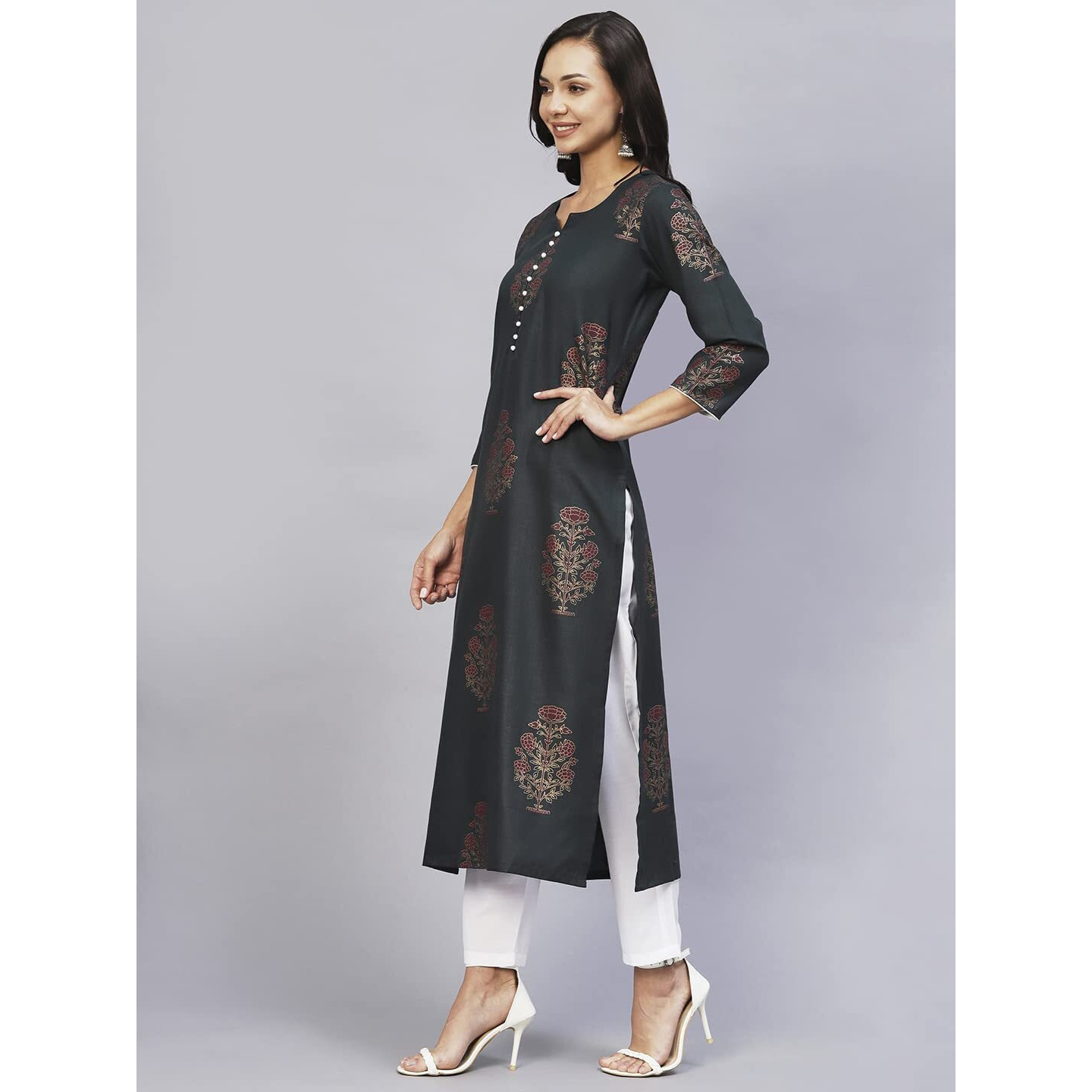 ANNI DESIGNER Women's Cotton Blend Straight Printed Kurta with Pant Set (Black009-Green_L_Blue_Large)