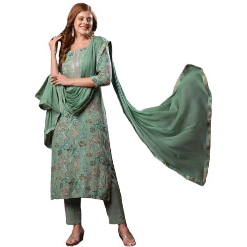 ANNI DESIGNER Women's Rayon Blend Printed Straight Kurta with Pant & Dupatta (VICE Green-VKS02_XXL_Green_XX-Large)