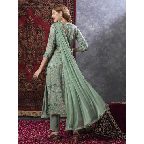 ANNI DESIGNER Women's Rayon Blend Printed Straight Kurta with Pant & Dupatta (VICE Green-VKS02_XXL_Green_XX-Large)