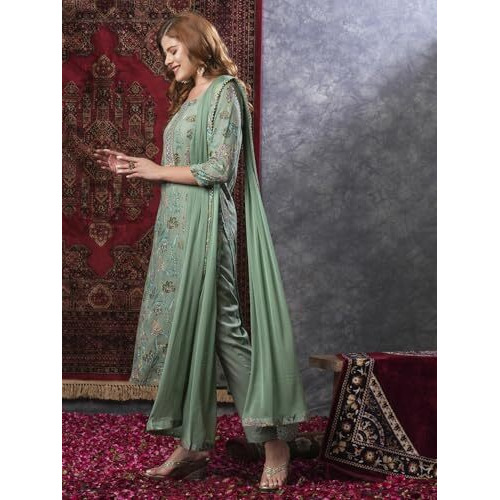 ANNI DESIGNER Women's Rayon Blend Printed Straight Kurta with Pant & Dupatta (VICE Green-VKS02_XXL_Green_XX-Large)