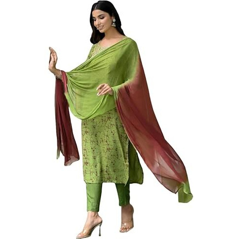 ANNI DESIGNER Women's Cotton Blend Straight Printed Kurta with Pant & Dupatta (Kajal Mehandi_L_Green_Large)