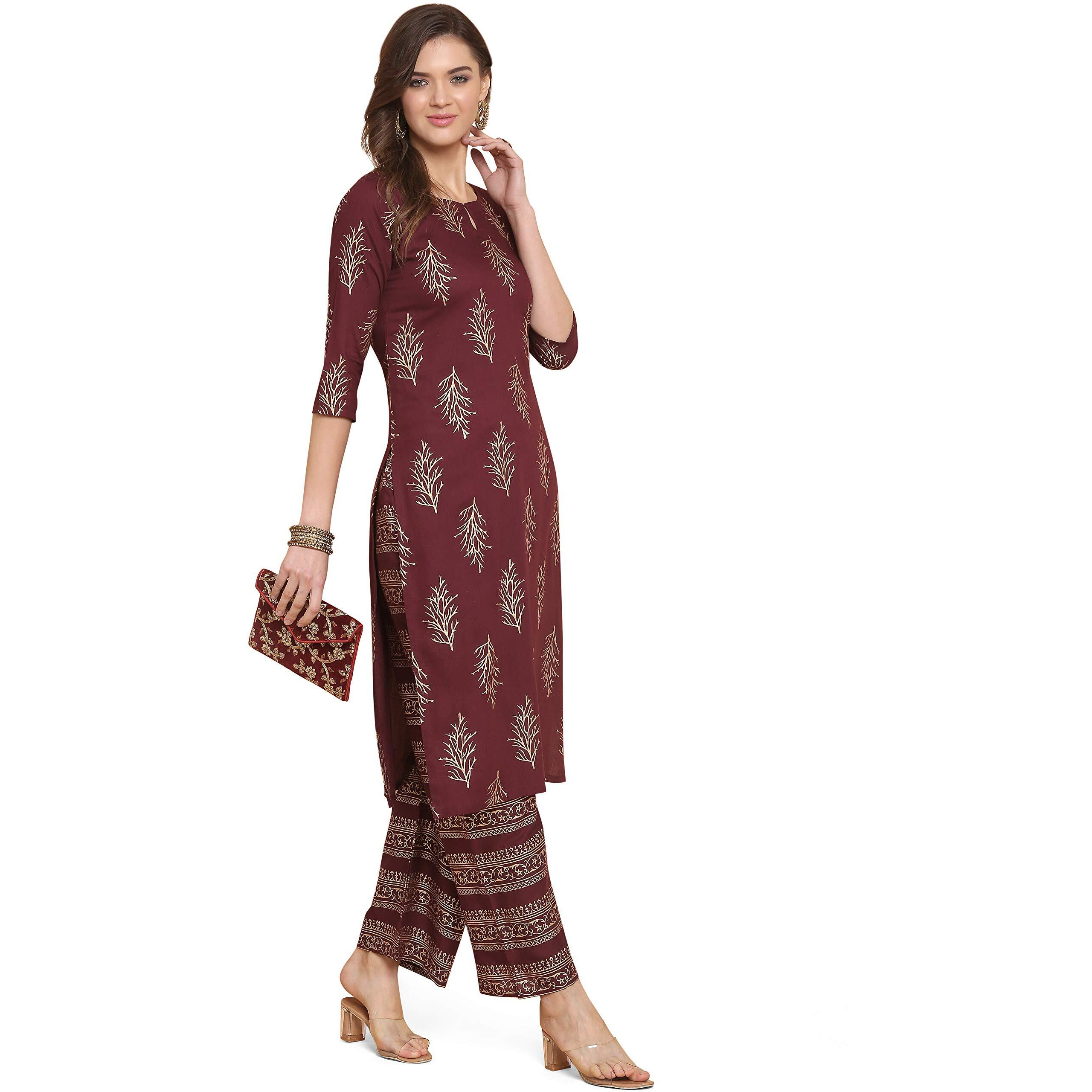 ANNI DESIGNER Women's Rayon Straight Kurta with Palazzo Brown