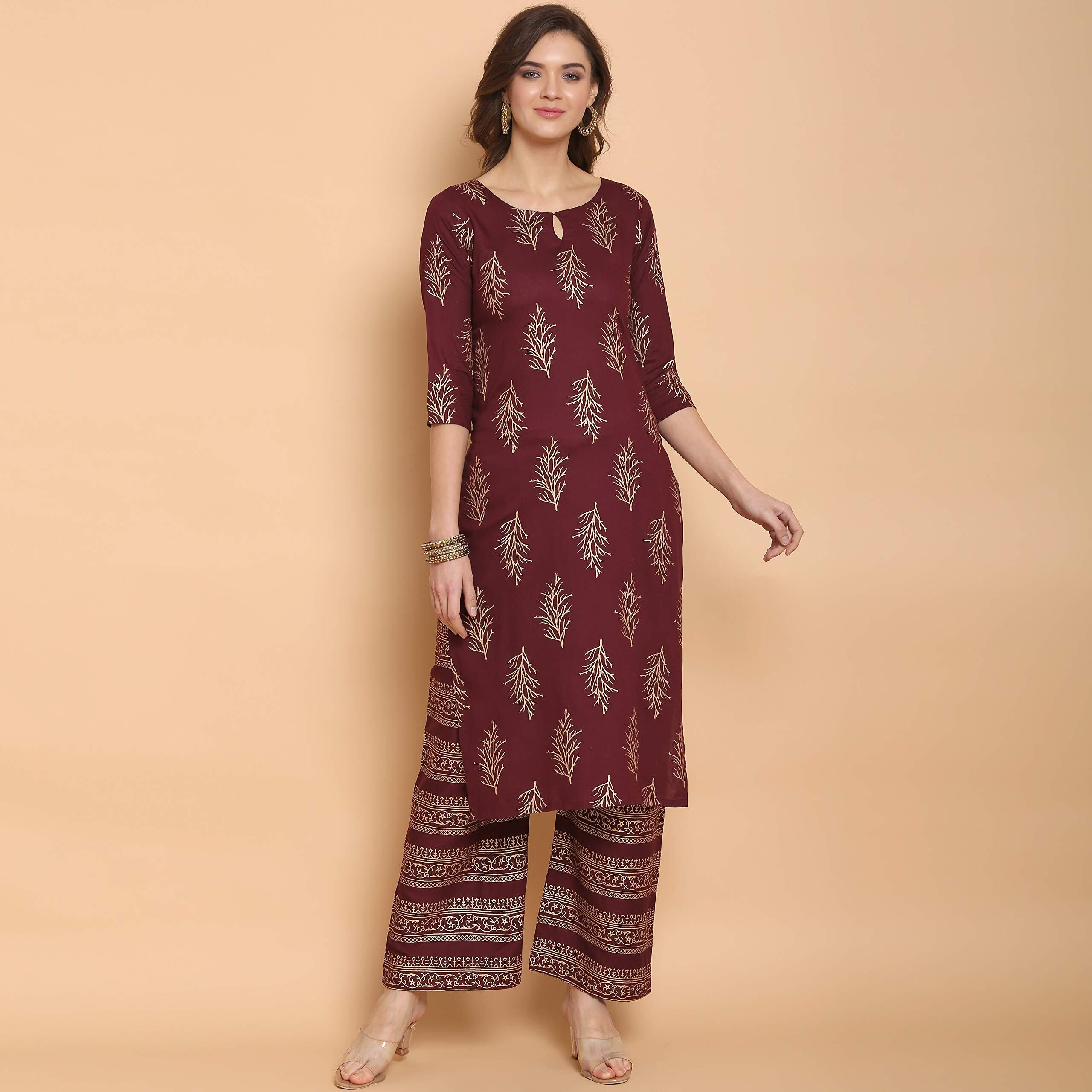 ANNI DESIGNER Women's Rayon Straight Kurta with Palazzo Brown