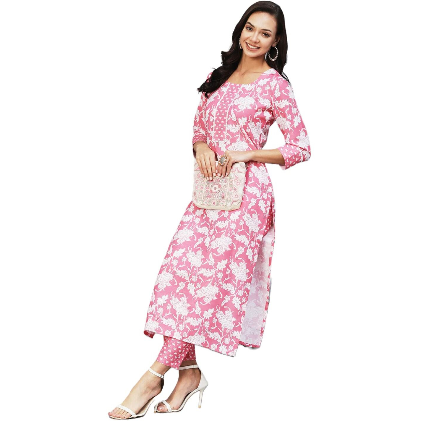 ANNI DESIGNER Women's Cotton Blend Printed Straight Kurta with Pant (Pustak Pink-Nw_L_Pink_Large)