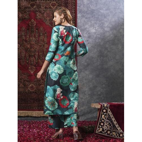 ANNI DESIGNER Women's Cotton Blend Straight Printed Kurta with Palazzo (Reena Green_S_Green_Small)