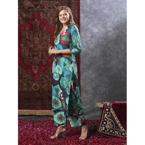 ANNI DESIGNER Women's Cotton Blend Straight Printed Kurta with Palazzo (Reena Green_S_Green_Small)