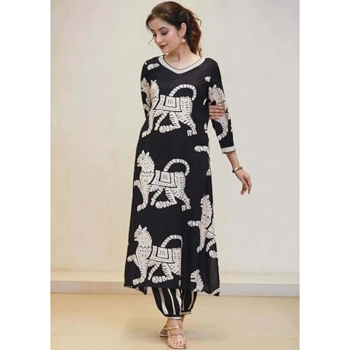 ANNI DESIGNER Women's Cotton Blend Straight Printed Kurta with Pant (Lanka-Black-NK_M_Black_Medium)