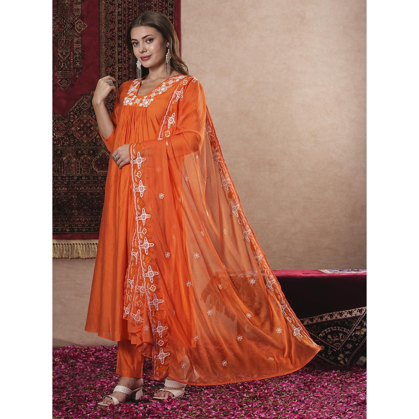 ANNI DESIGNER Women's Rayon Blend Anarkali Thread Work Kurta with Pant & Dupatta (ASHVTHAMA ORANGE-VKS07_M_Orange_Medium)