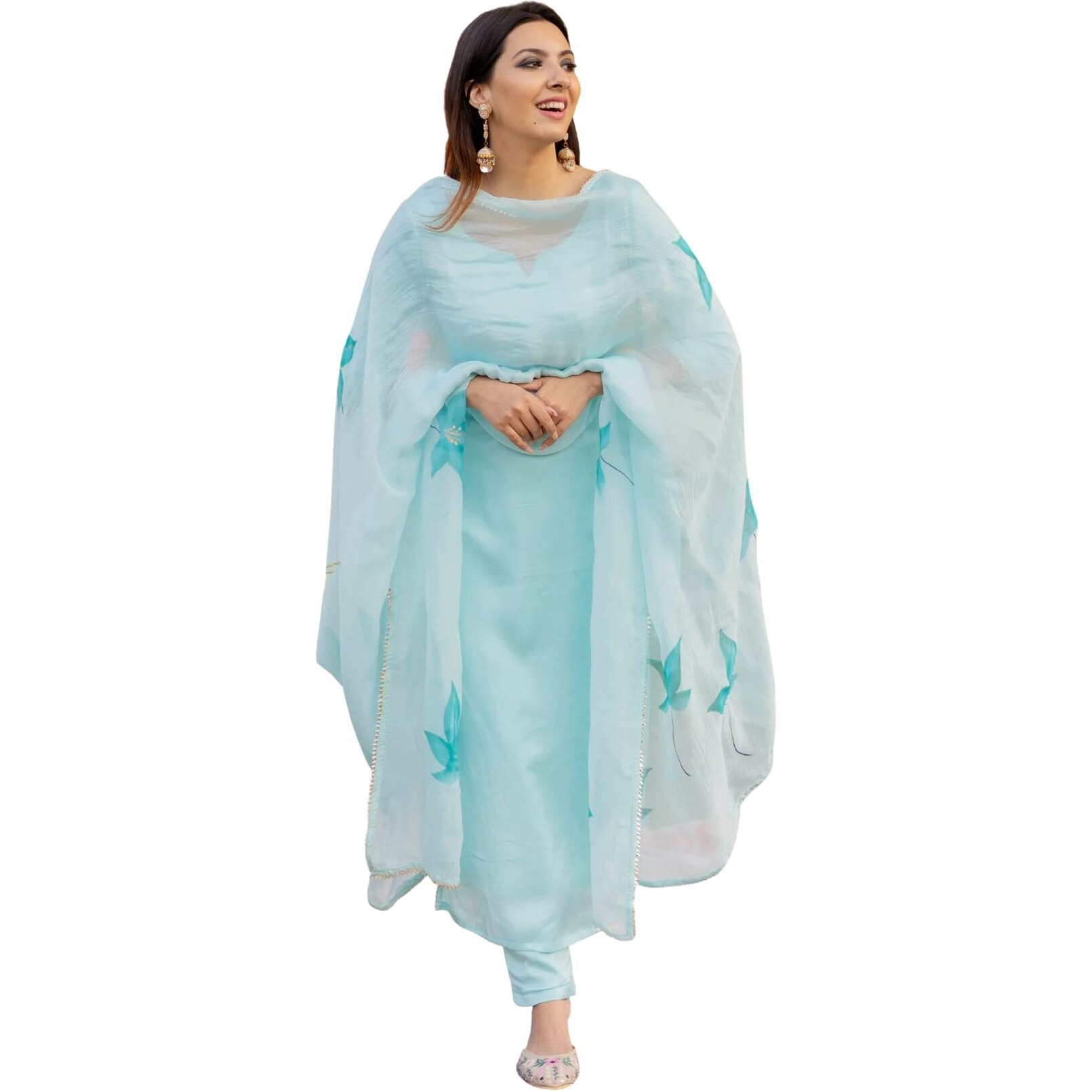 ANNI DESIGNER Women's Cotton Blend Straight Solid Kurta with Pant & Dupatta (Resoti Blue_XXL_Blue_XX-Large)