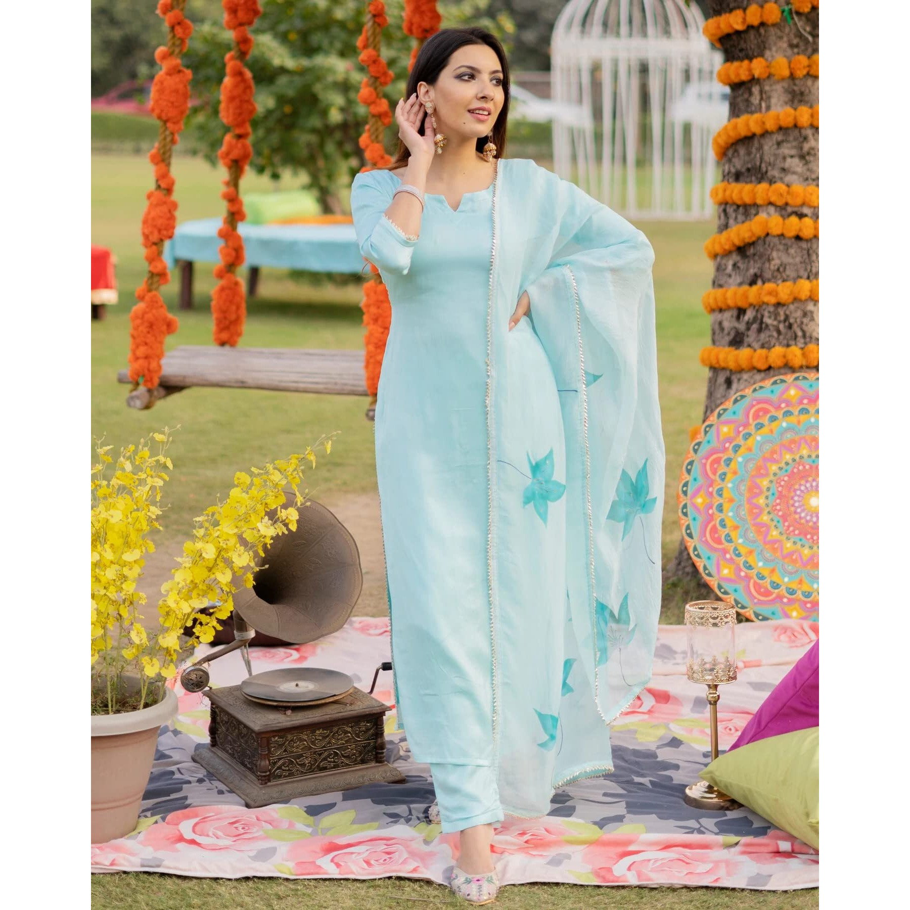 ANNI DESIGNER Women's Cotton Blend Straight Solid Kurta with Pant & Dupatta (Resoti Blue_XXL_Blue_XX-Large)