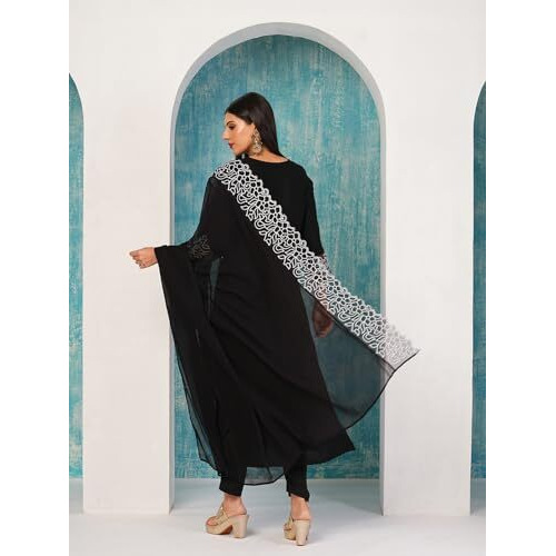 ANNI DESIGNER Women's Rayon Blend Straight Embroidered Kurta with Pant & Dupatta (TRP Black-NB_M_Black_Medium)