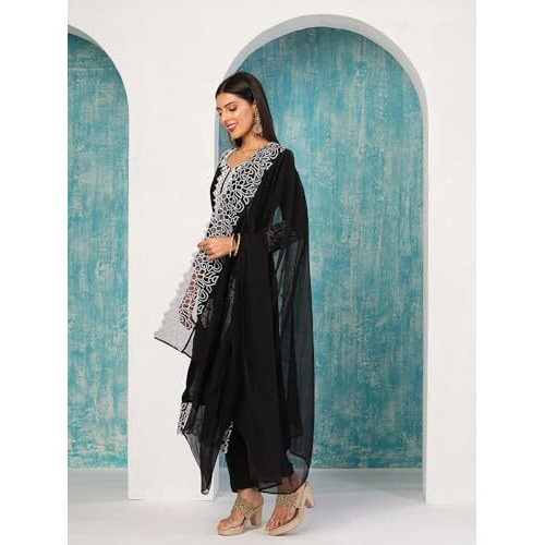 ANNI DESIGNER Women's Rayon Blend Straight Embroidered Kurta with Pant & Dupatta (TRP Black-NB_M_Black_Medium)