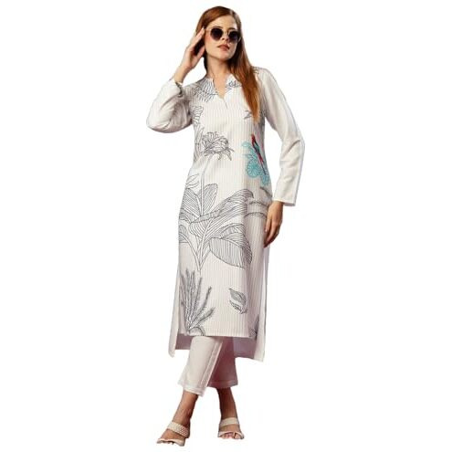 ANNI DESIGNER Women's Cotton Blend Straight Printed Kurta with Pant (Nabhita White-JL_M_White_Medium)