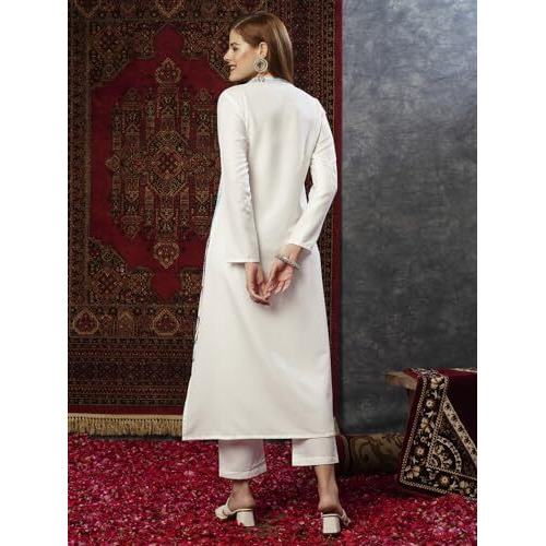 ANNI DESIGNER Women's Cotton Blend Straight Printed Kurta with Pant (Nabhita White-JL_M_White_Medium)