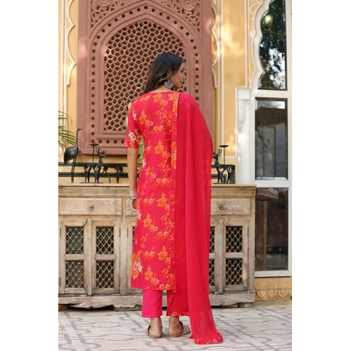ANNI DESIGNER Women's Cotton Blend Straight Printed Kurta with Pant & Dupatta (AUX-Orange-BFV_L_Orange_Large)