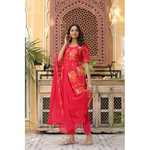 ANNI DESIGNER Women's Cotton Blend Straight Printed Kurta with Pant & Dupatta (AUX-Orange-BFV_L_Orange_Large)