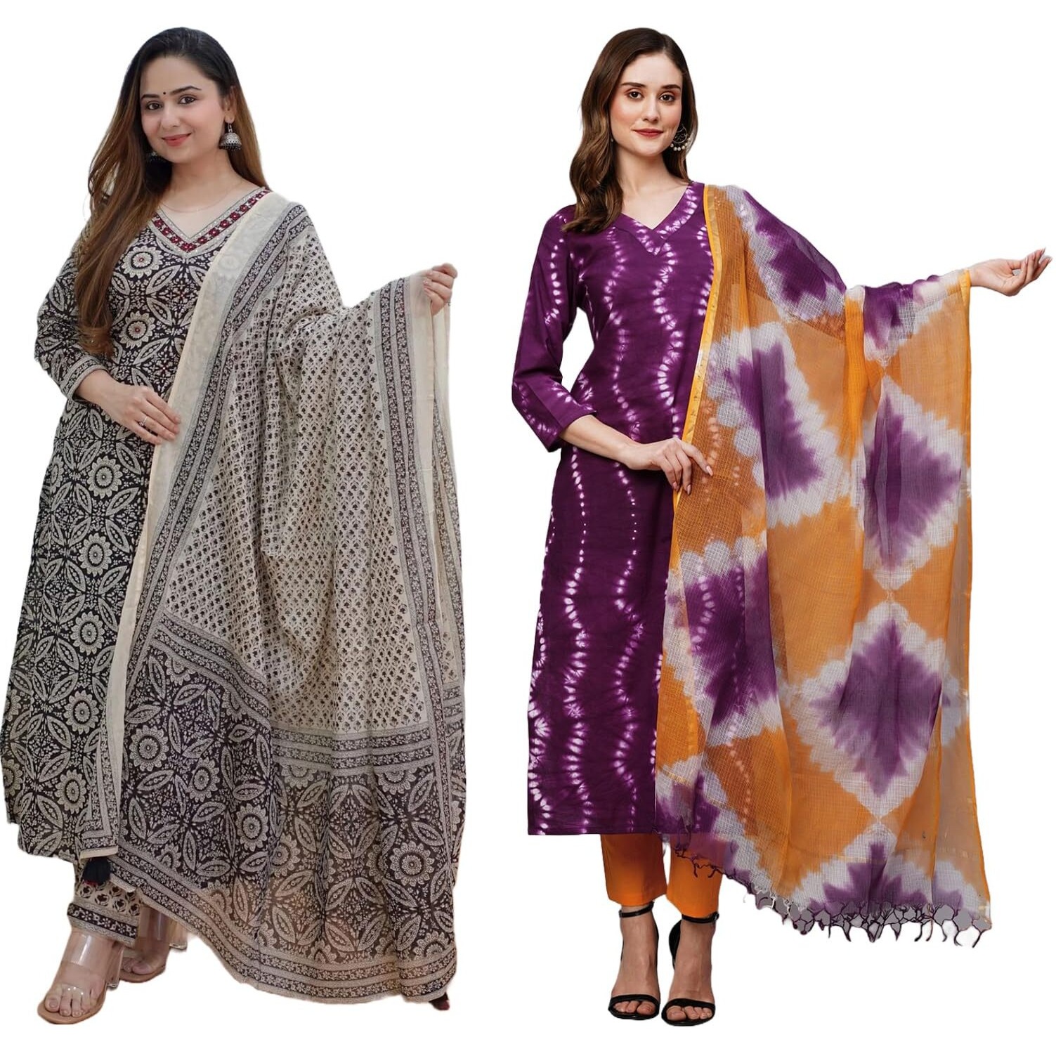 ANNI DESIGNER Women's Cotton Blend Printed Straight Kurta with Pant & Dupatta Pack of 2 (Combo-Nihira Cream-Mukhi Pink_XL_Multi_X-Large)