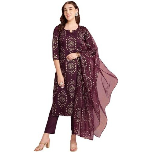 ANNI DESIGNER Women's Rayon Blend Printed Straight Kurta with Pant & Dupatta (Amrita Wine_L_Wine_Large)