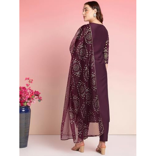ANNI DESIGNER Women's Rayon Blend Printed Straight Kurta with Pant & Dupatta (Amrita Wine_L_Wine_Large)