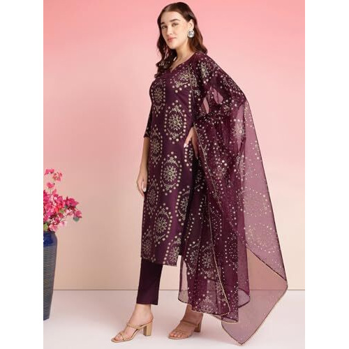 ANNI DESIGNER Women's Rayon Blend Printed Straight Kurta with Pant & Dupatta (Amrita Wine_L_Wine_Large)