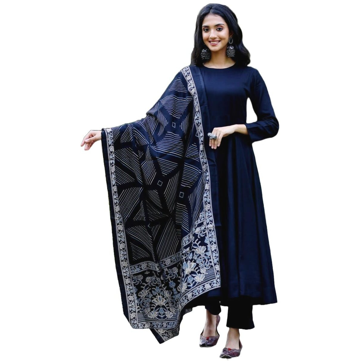 ANNI DESIGNER Women's Rayon Blend Solid Anarkali Kurta with Pant & Dupatta (Friday Blue_M_Blue_Medium)