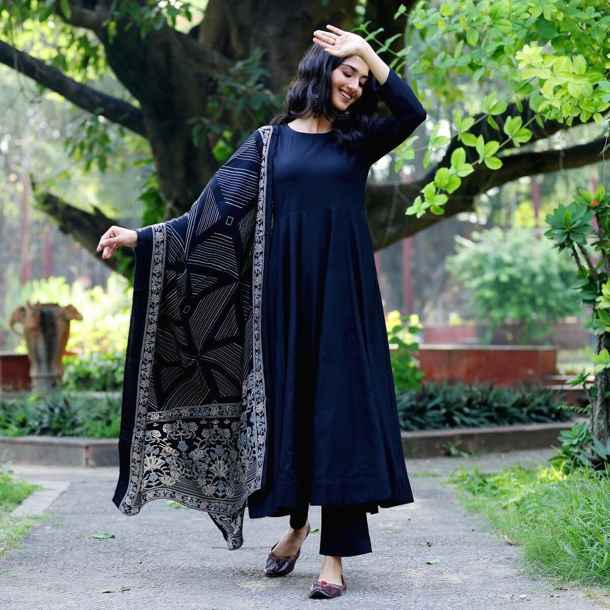 ANNI DESIGNER Women's Rayon Blend Solid Anarkali Kurta with Pant & Dupatta (Friday Blue_M_Blue_Medium)