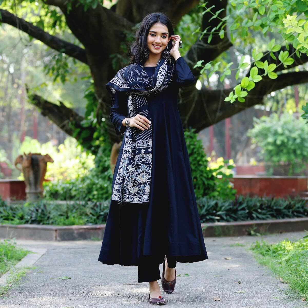 ANNI DESIGNER Women's Rayon Blend Solid Anarkali Kurta with Pant & Dupatta (Friday Blue_M_Blue_Medium)