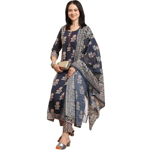 ANNI DESIGNER Women's Rayon Blend Straight Printed Kurta with Pant & Dupatta (Alaya Navy BLUE-VKS01_L_Navy Blue_Large)