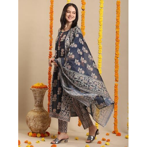 ANNI DESIGNER Women's Rayon Blend Straight Printed Kurta with Pant & Dupatta (Alaya Navy BLUE-VKS01_L_Navy Blue_Large)